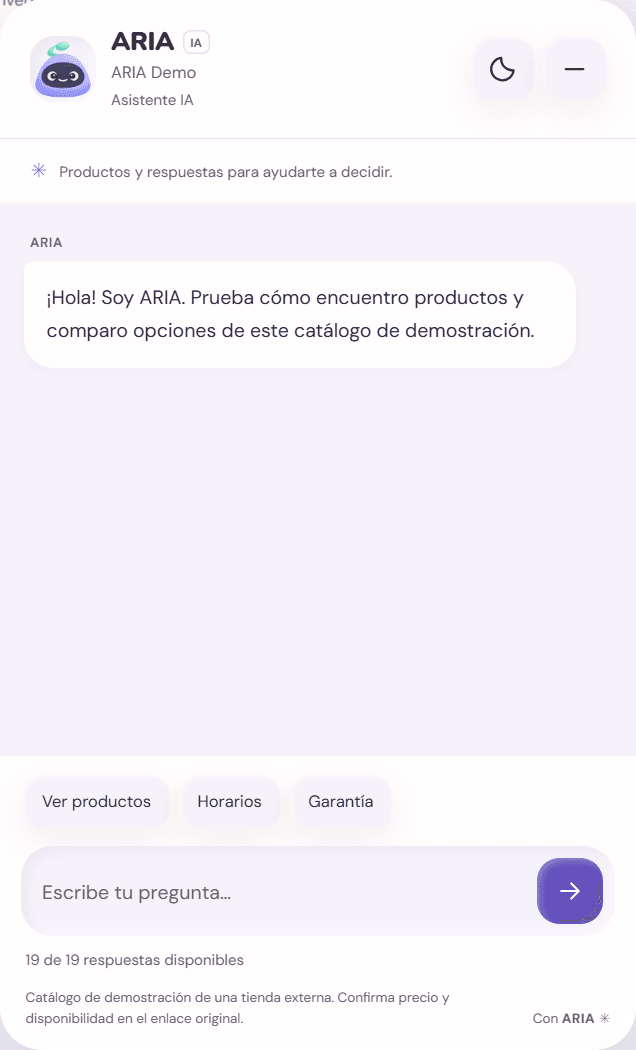 Chat real de ARIA IA: asistente de catálogo con consultas de productos, horarios y garantía