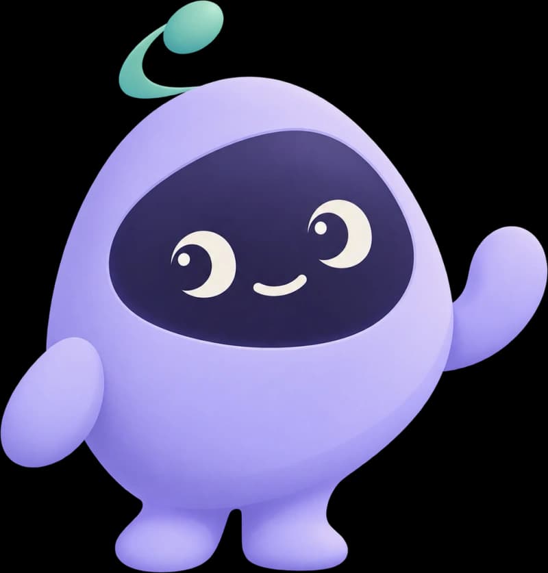 Mascota de ARIA IA, personaje lavanda con una sonrisa y un pequeño planeta turquesa